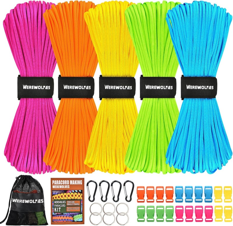 WEREWOLVES 550 Paracord Kits 100ft Each Color - 5 Colors Parachute Cord Combo 7 Strand Type III Parachute Cord 4mm for Crafting, Dog Collar, Survival Bracelets - Image 1